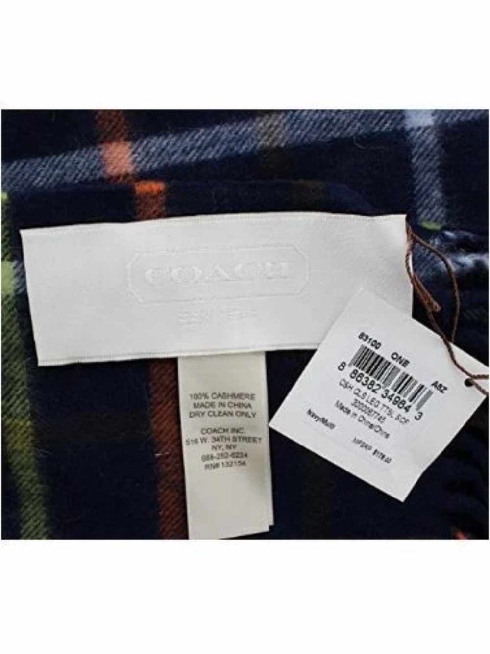COACH LEGACY CASHMERE NECK WRAP, SCARF PLAID WITH FRINGE NAVY NWT - Picture 6 of 9